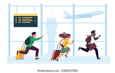 People are late for plane, men and women with baggage running through airport building. Travelers carrying with luggage and tickets. Landing airplane cartoon flat