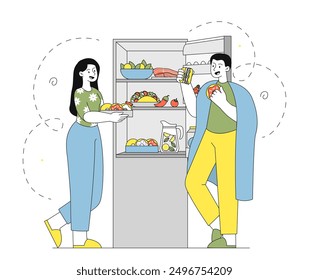 People with latenight snacking. Man and woman stand near refrigerator at night and eat food. Wrong lifestyle and bad habits, incorrect daily routine. Linear vector illustration