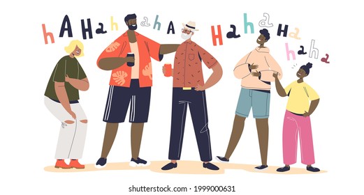 People laughing. Group of friends or family spent time together telling funny stories or hilarious jokes laugh out loud. Cheerful kids and adults smiling. Cartoon flat vector illustration