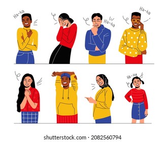 People laughing. Happy men and women. Young characters emotion expressions. Positive jokes reactions. Guys and girls have fun. Persons gestures and poses. Vector smiling friends set