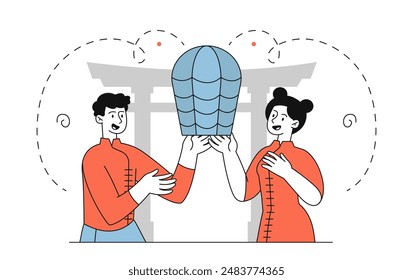 People launch lanterns. Man and woman in traditional chinese clothes with lamp. Indian tradition. Holiday and festival. Romance and love. Linear flat vector illustration isolated on white background