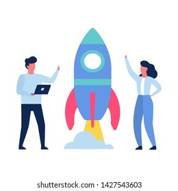 People launch the rocket. Idea of startup and teamwork. Business development and new financial project. Isolated vector illustration in cartoon style
