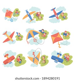 People Launching Aeromodels and Kites Set, Parents and Children Spending Time Together Outdoors Cartoon Style Vector Illustration