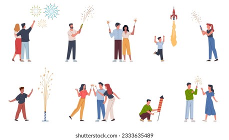 People launching fireworks. Holiday explosions, parents and children with crackers, beautiful sparklers and salutes, man and woman watching lights. Cartoon flat isolated nowaday vector set