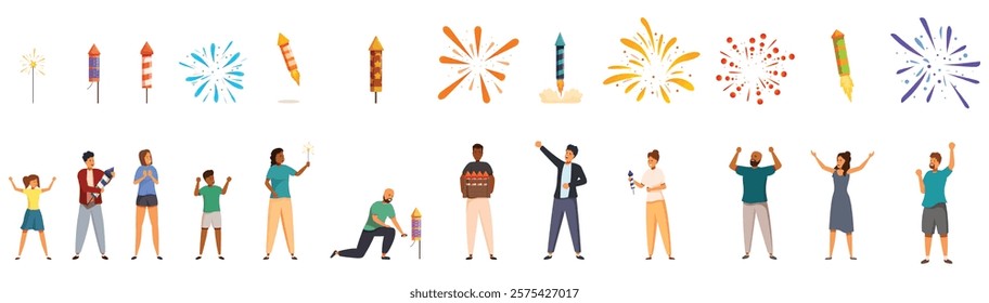  People launching fireworks icons set. People celebrating together, lighting fireworks and sparklers during a festive holiday gathering