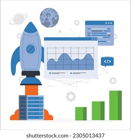 The people launching the rocket, the concept of a startup. Successful project launch. Creative business, customized. Isometric vector illustration. Landing page template for web. Virtual dashboard.