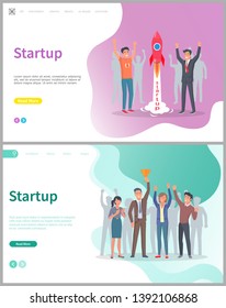 People launching rocket vector, startup business solution. Coworkers happy of successful beginning of project, colleagues with gold award triumph. Website or webpage template, landing page flat style