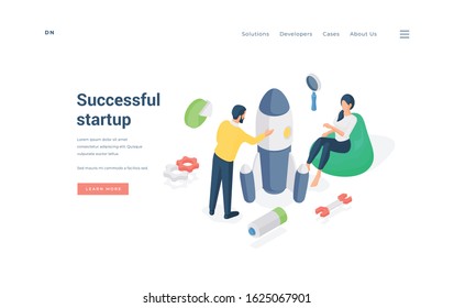People launching successful startup project. Isometric man and woman launching innovative spaceship while working on banner of successful startup project website