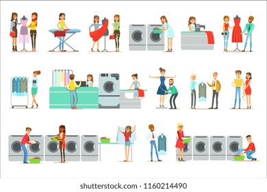 People At The Laundry, Dry Cleaning And Tailoring Service Set Of Smiling Cartoon Characters