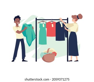 People in laundry hanging clothing after washing, flat cartoon vector illustration isolated on white background. Laundry and dry cleaning services employees.