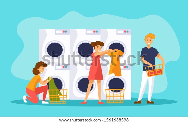 洗濯物を洗うための産業用洗濯機が並ぶ洗濯屋の人々 2人の女性と1人の男性が公共の場で働き セルフサービスです 平らなベクターイラスト のベクター画像素材 ロイヤリティフリー
