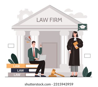 People in law firm concept. Man and woman in robes in front of courthouse. Legal support and laws. Lawyer and judge. Regulations and standards, ethical practices. Cartoon flat vector illustration