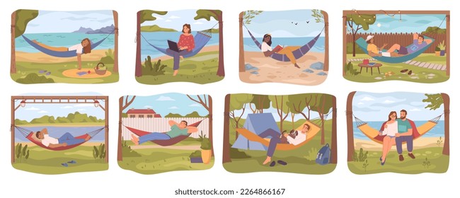 People laying in hammock, enjoying weekends or holidays. Man and woman outside sleeping or reading, working on pc. Flat cartoon character, vector illustration