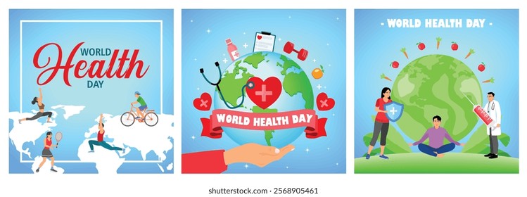 People lead a healthy lifestyle. Hand holding globe with medical equipment. Maintain life balance. World Health Day concept. Set flat vector illustration.