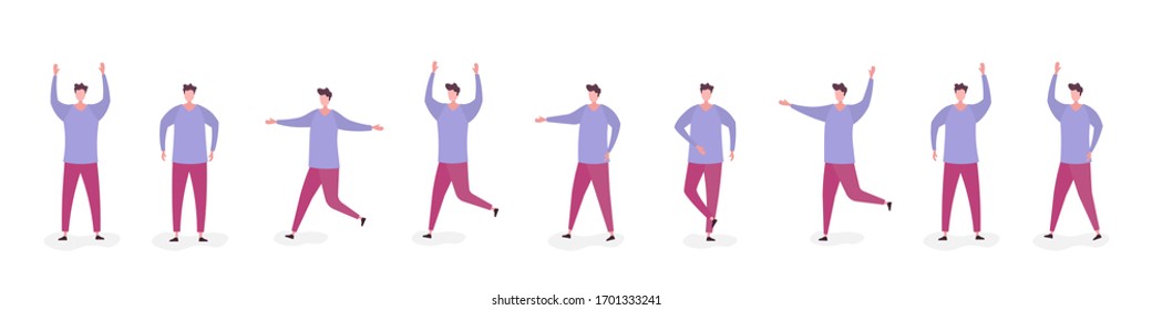 People lead a healthy lifestyle. Moving and jumping characters guys in colorful clothes. Set of characters the men. Vector illustration in flat design. EPS 10.
