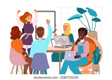 People Leader Characters Working in Coworking Space Using Gadgets Vector Illustration