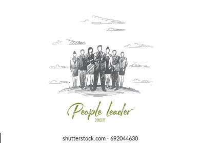People Leader Concept. Hand Drawn Group Of Business People With Leader At Front. Successful Businessman Isolated Vector Illustration.