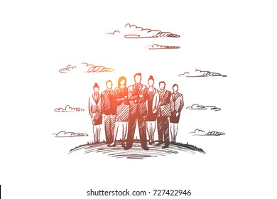 People leader concept. Hand drawn group of business people with leader at front. Successful businessman isolated vector illustration.