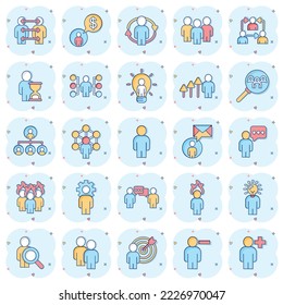 People leadership icon set in comic style. Person cartoon collection vector illustration on white isolated background. User teamwork splash effect business concept.