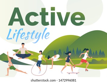 People leading active lifestyle with text sample. Flat cartoon characters doing exercises in fresh air. Can be used for sport advertising, commercial, article