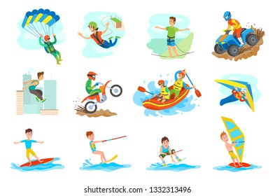 People leading active lifestyle vector, set of person. Parkour and windsurfing, hang gliding and skydiving, bungee jumping and highlining, rafting water