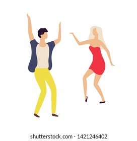 People leading active night life vector, man and woman dancing in club isolated. Couple having fun flat style, dancers jumping and moving in rhythm