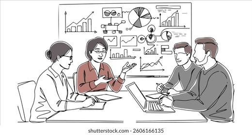 people leading a discussion at a table near a whiteboard with charts and graphs continuous single line art drawing sketch on white background