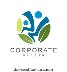 people and leaf in circle shape healthy logo design, health and care logo template