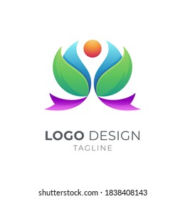 People and leaf logo concept with 3d shape in multiple gradient color, good for health care, yoga, beauty salon, spa and organic food 