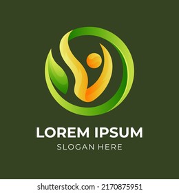 people leaf logo design, people and leaf combination logo with 3d green and yellow color style