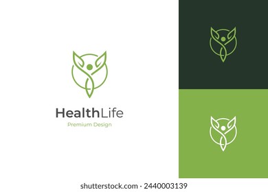 Diseño de icono de logotipo de hoja de persona con cuerpo ajustado y concepto gráfico de hoja natural para la plantilla de logotipo de vida saludable