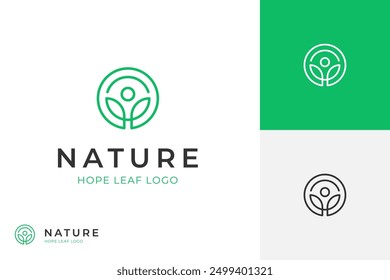 Estilo de la línea del diseño del icono del logotipo de la hoja de la gente con un círculo redondo para una vida sana, cuidado del cuerpo, equilibrio de la naturaleza, Ilustración vectorial del concepto del estilo de vida del eco