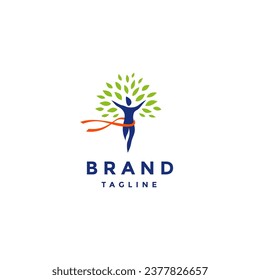 Diseño del logotipo de la cinta de opciones para personas. Silhouette humana con hojas y cintas alrededor de su diseño de logotipo corporal.