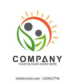 people leaf with sun healthy logo template, flat style