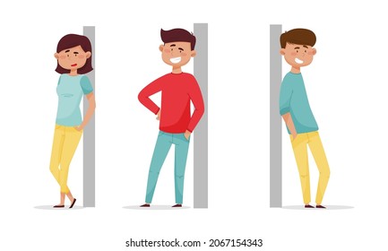 People leaned against the wall set. Cheerful relaxed young man and woman cartoon vector illustration