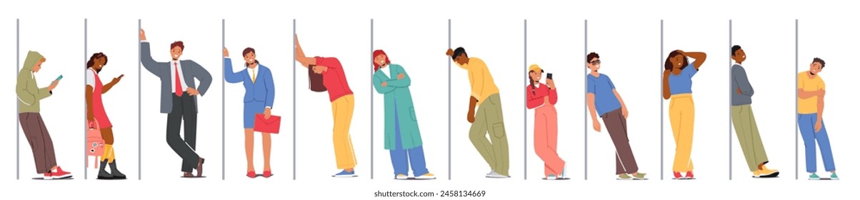 People Leaning Against Walls, Each With A Unique Stance. Relaxed, Contemplative, Or Weary Male and Female Characters. Group of Men and Women Standing with Bags or Gadgets. Cartoon Vector Illustration