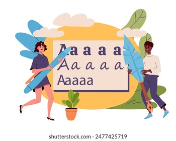 Personas aprenden concepto de caligrafía. Hombre y mujer con plumas escriben cartas diferentes. Creatividad y lección de arte. Educación y formación. Ilustración vectorial plana de dibujos animados aislada sobre fondo blanco