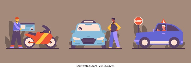 People learn to drive vehicles. Set of illustrations about driving school. Young man gets motorcycle license, male character tries to drive car. Driving test