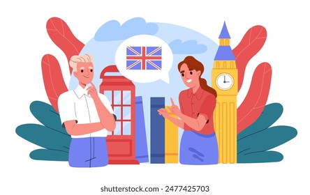 People learn English. Man and woman near traditional British buildings. Characters study foreign language on course. Education and training. Cartoon flat vector illustration isolated on background