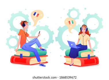People learn foreign language in online course or school vector illustration. Cartoon teen student characters in headphones sitting on piles of books, learning Italian and French isolated on white