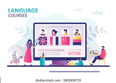 People learn foreign languages online on laptop. Female character studying profiles of teachers. Concept of online education and languages courses. Banner in trendy style. Flat vector illustration