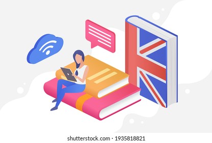 People learn language, education concept isometric vector illustration. Cartoon 3d tiny woman student character study, sitting on books stack with tablet or phone, learning English online background