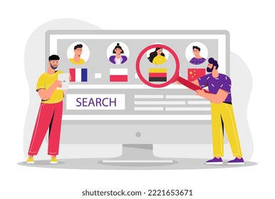 People learn languages. Young guys with magnifying glass look at icons of other countries on computer. Distance education and training, homework. Poster or banner. Cartoon flat vector illustration