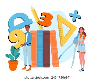 People learn math concept. Man and woman with big numbers and colorful books. Education, learning and training. Students and schoolers with stationery. Cartoon flat vector illustration