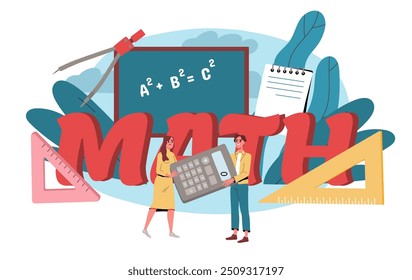 People learn math. Man and woman with calculator near ruler. Education, learning and training. People with mathematical lessons. Flat vector illustration isolated on white background