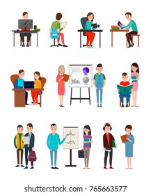 People learn new information with teachers, school friends, modern technologies, visual presentations and books vector illustrations set.