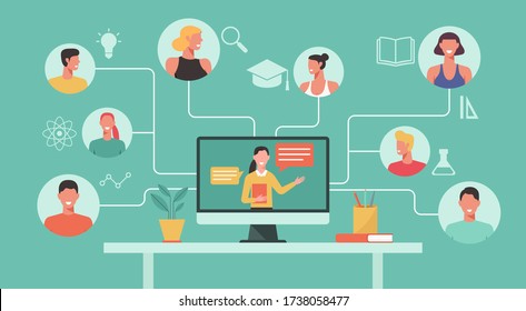 people learn online course, education or e-learning, home school, woman teacher teaching man and woman student on computer laptop screen, distance learning concept, flat vector illustration