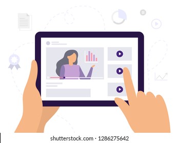 People learn using online video courses, watching a video with infographics. Banner or background for a site with a distance education theme. Vector illustration