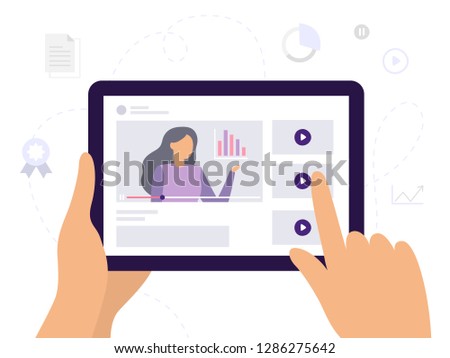 People learn using online video courses, watching a video with infographics. Banner or background for a site with a distance education theme. Vector illustration