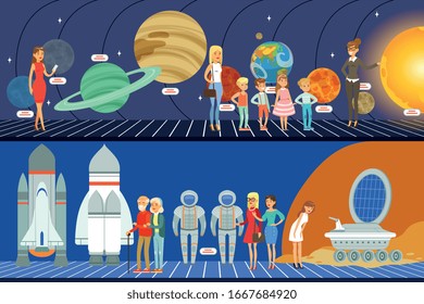 People Learning About Stars, Planets And Solar System At Excursion In Planetarium, Innovation Education Museum Interior Vector Illustration